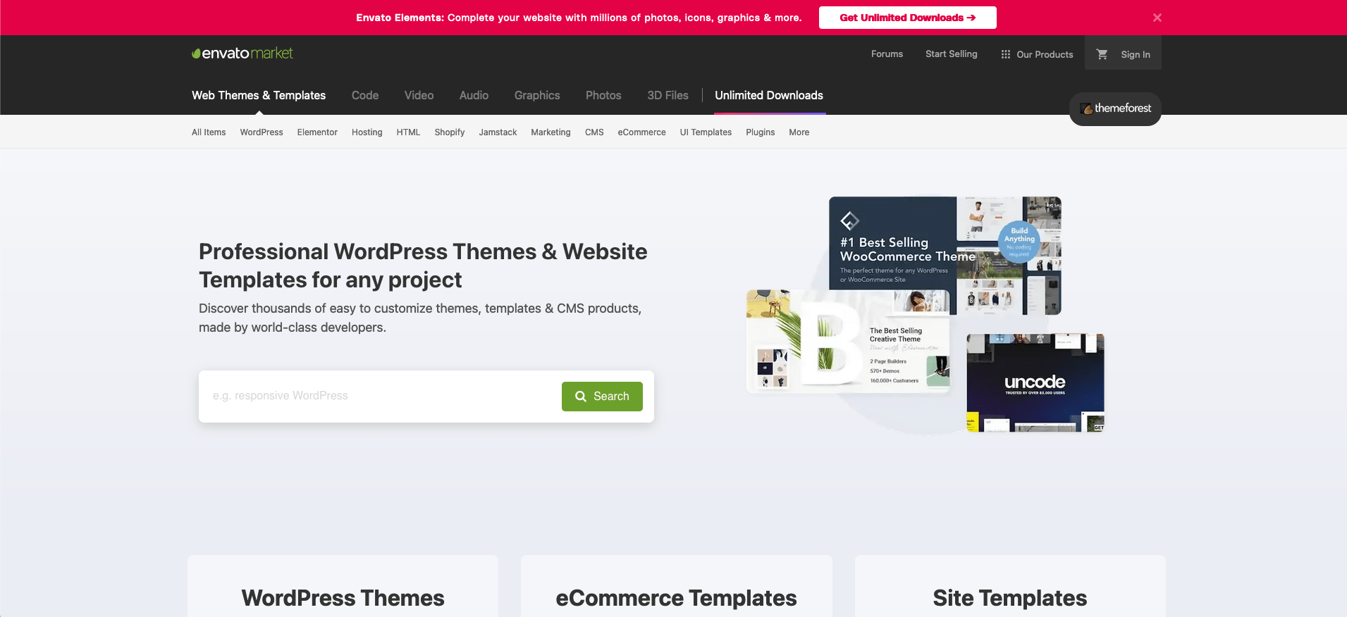 Home page di ThemeForest con temi WordPress e modelli di siti