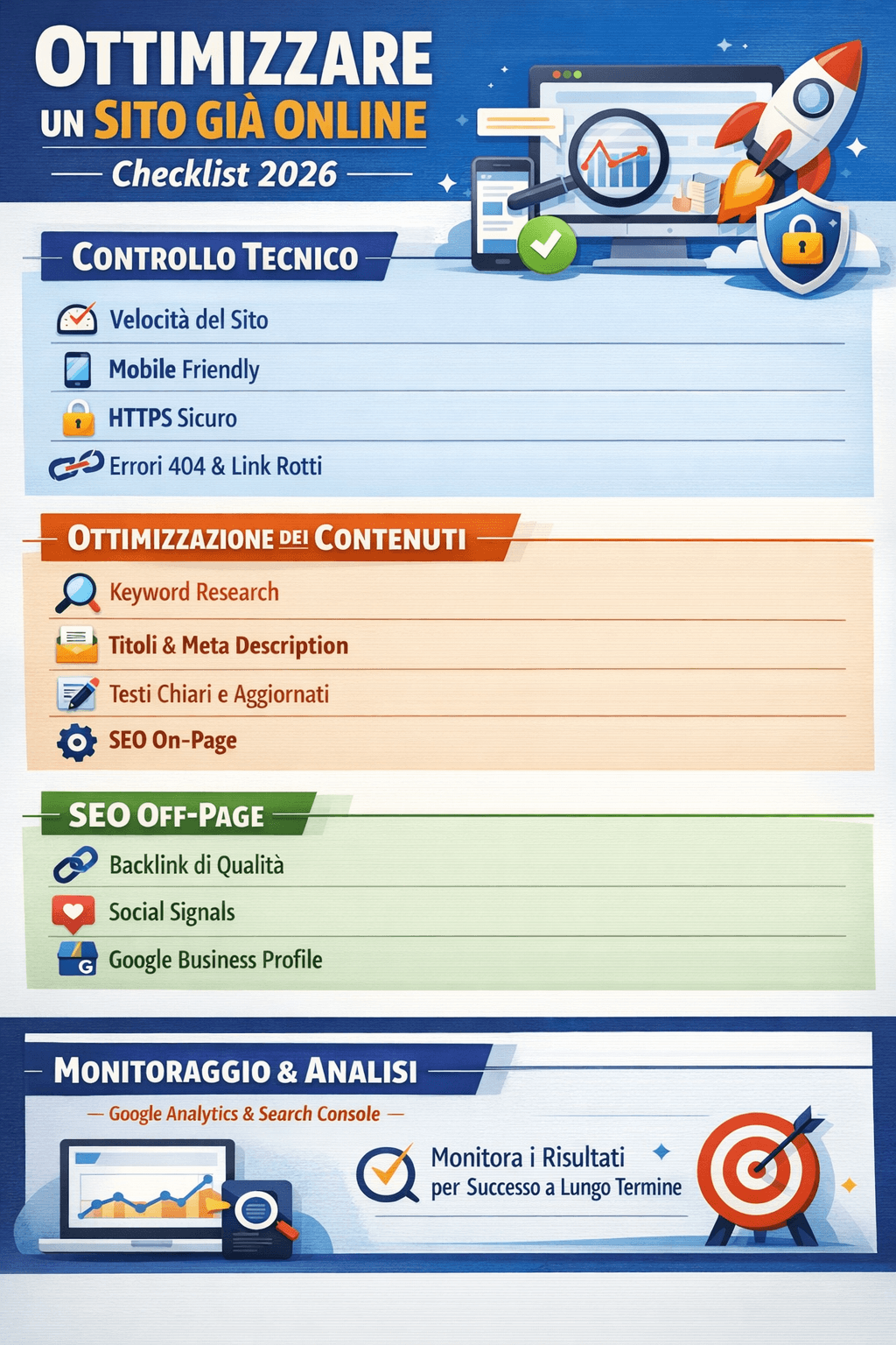 Infografica con la checklist 2026 per ottimizzare un sito già online