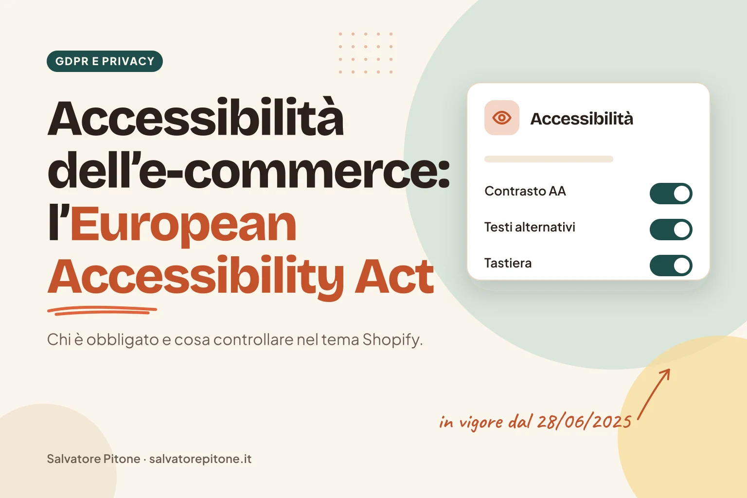 Copertina: accessibilità dell'e-commerce Shopify e European Accessibility Act, con i controlli di contrasto, testi alternativi e tastiera