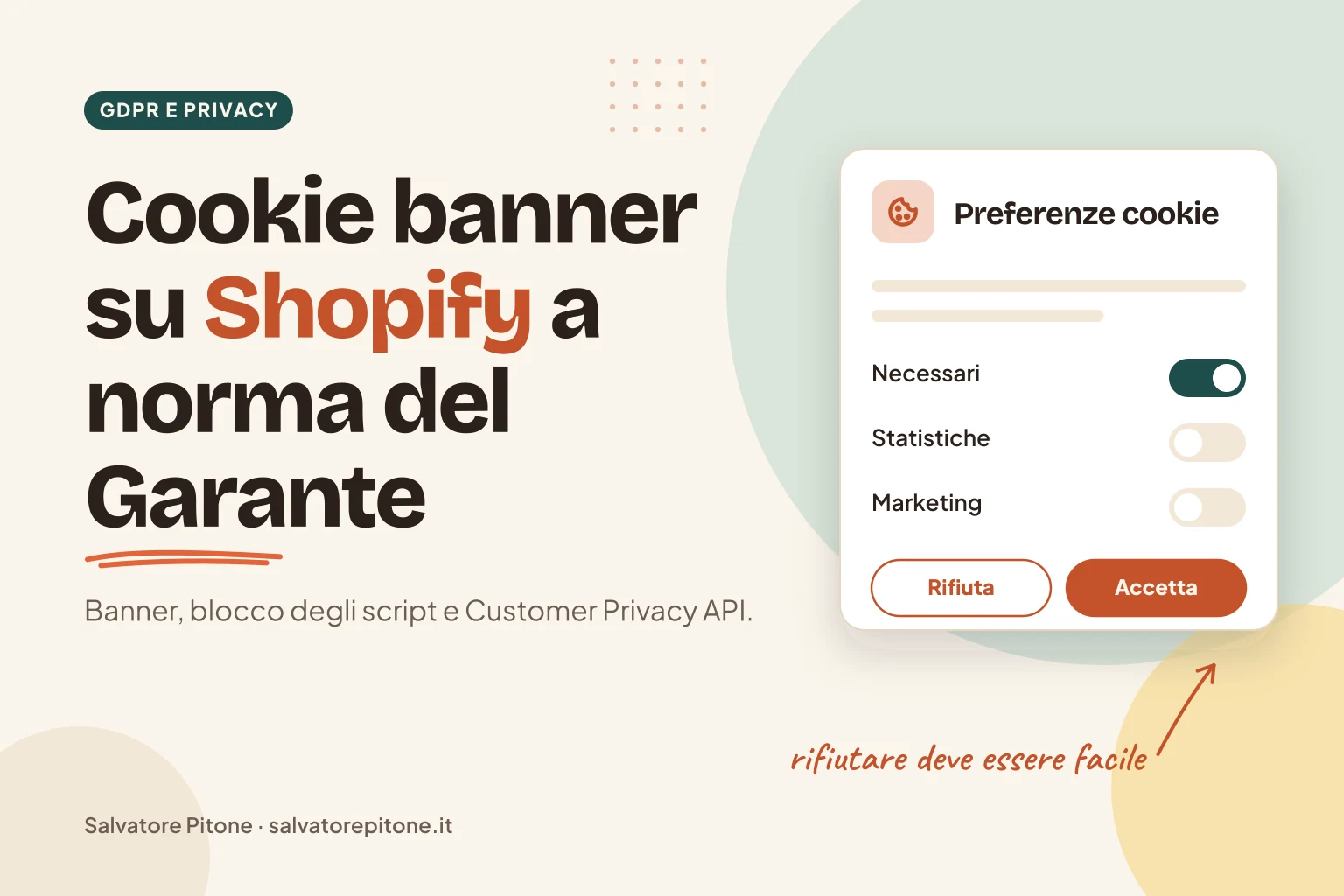 Copertina: cookie banner su Shopify a norma del Garante, con la scheda Preferenze cookie e i pulsanti Rifiuta e Accetta