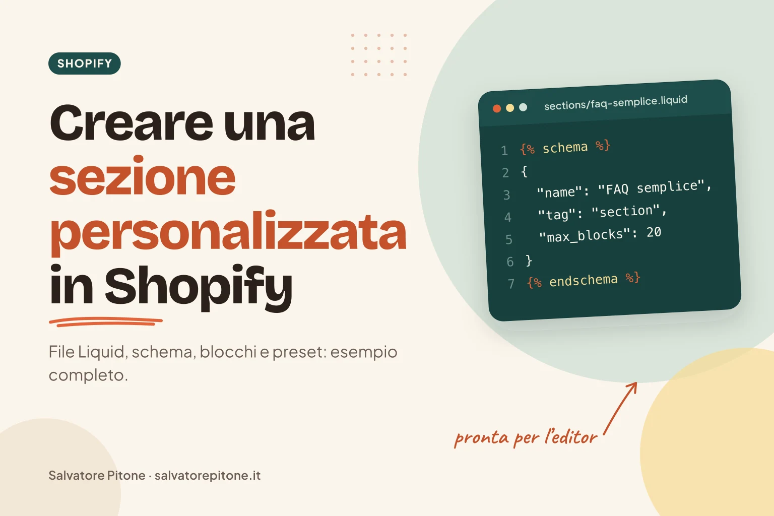 Copertina: creare una sezione personalizzata in Shopify con Liquid, con lo schema della sezione FAQ semplice
