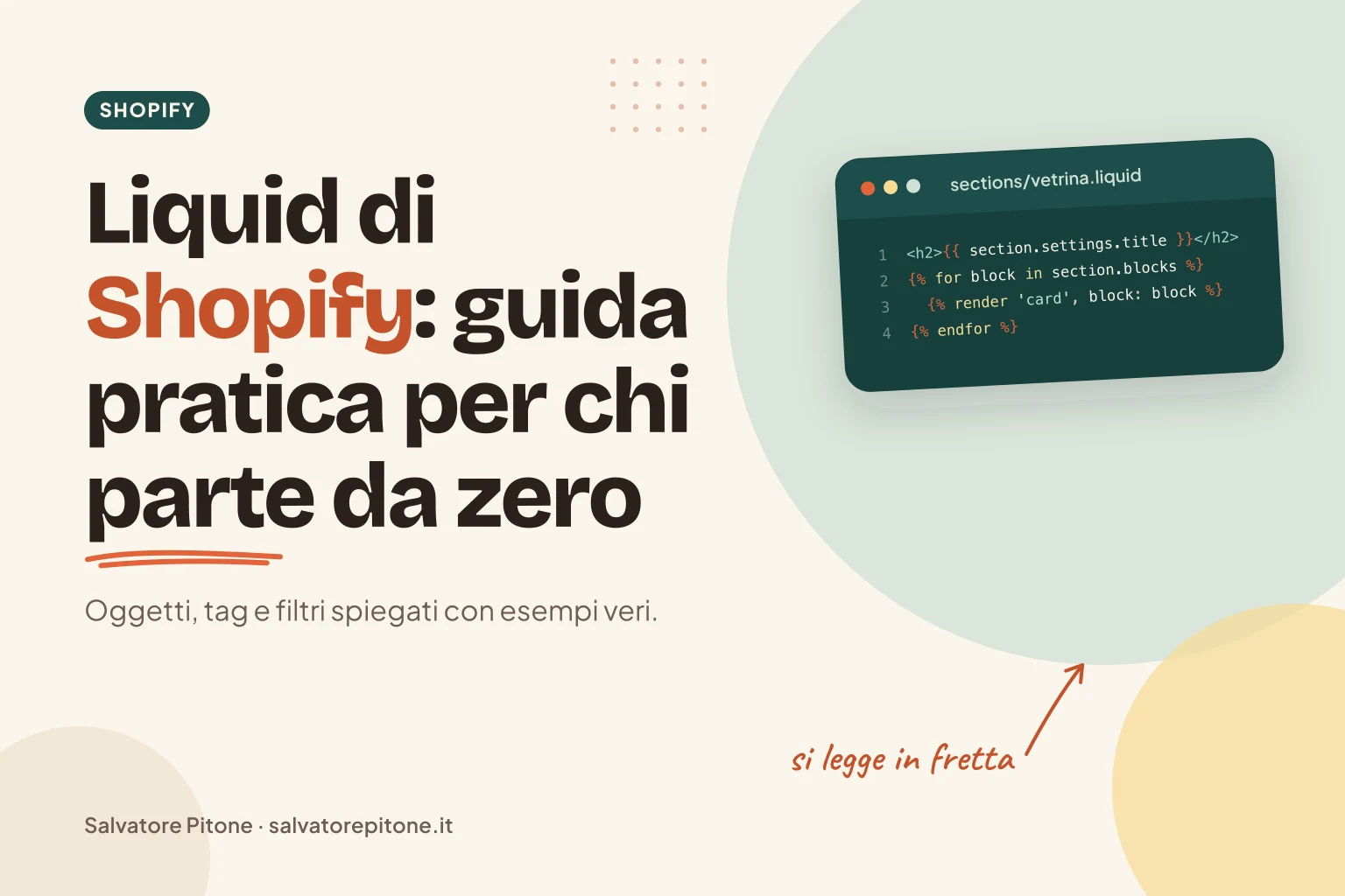 Copertina: Liquid di Shopify, guida pratica per chi parte da zero, con una finestra di codice Liquid