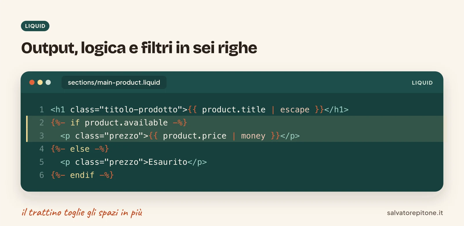 Esempio di codice Liquid con output, condizione e filtro money in una pagina prodotto Shopify