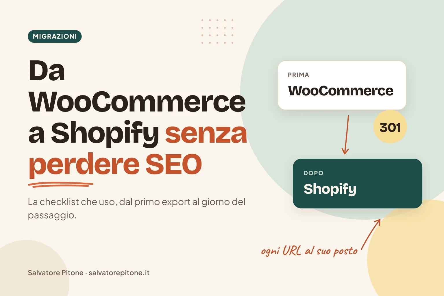 Copertina: migrare da WooCommerce a Shopify senza perdere SEO, con lo schema prima e dopo e il redirect 301