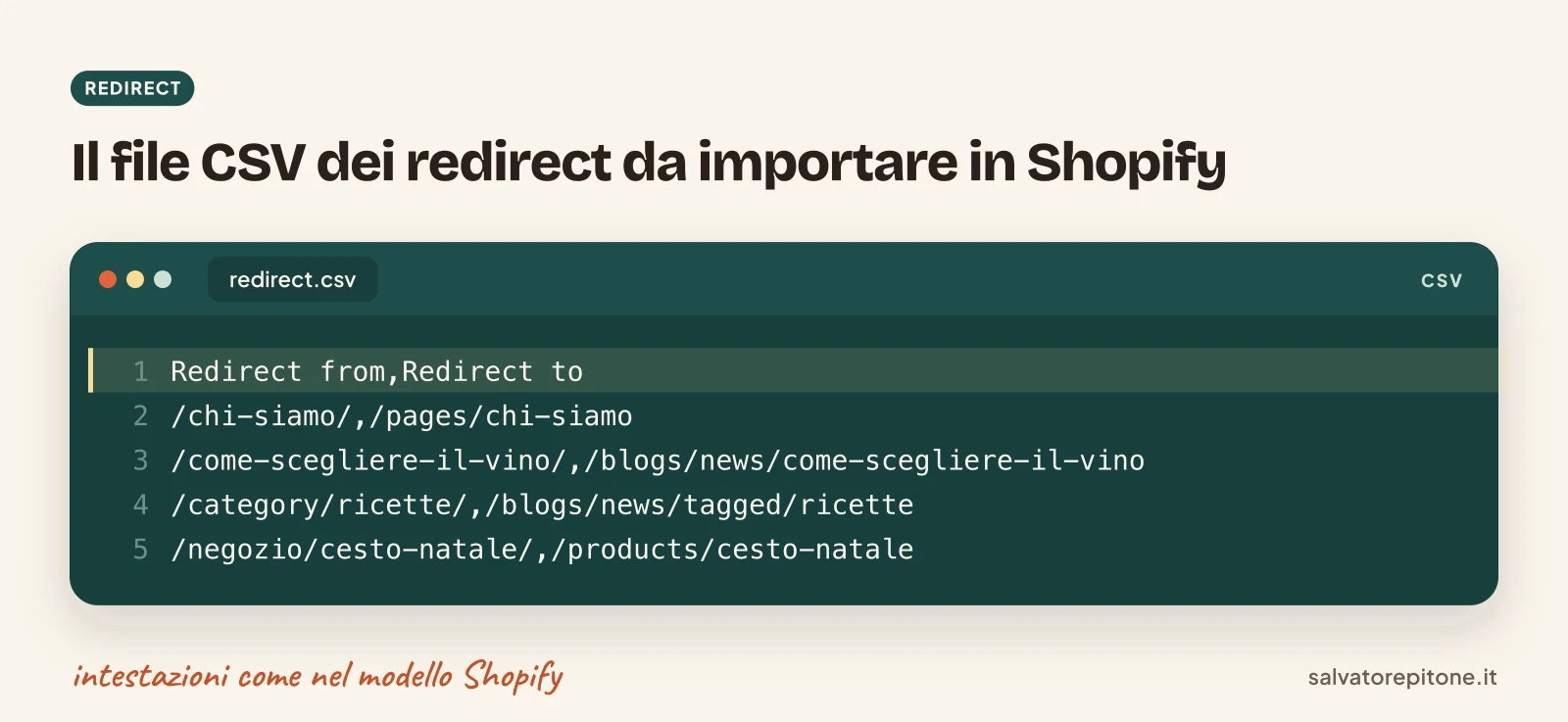 Esempio di file CSV dei redirect da importare in Shopify con le colonne vecchio e nuovo indirizzo e quattro righe