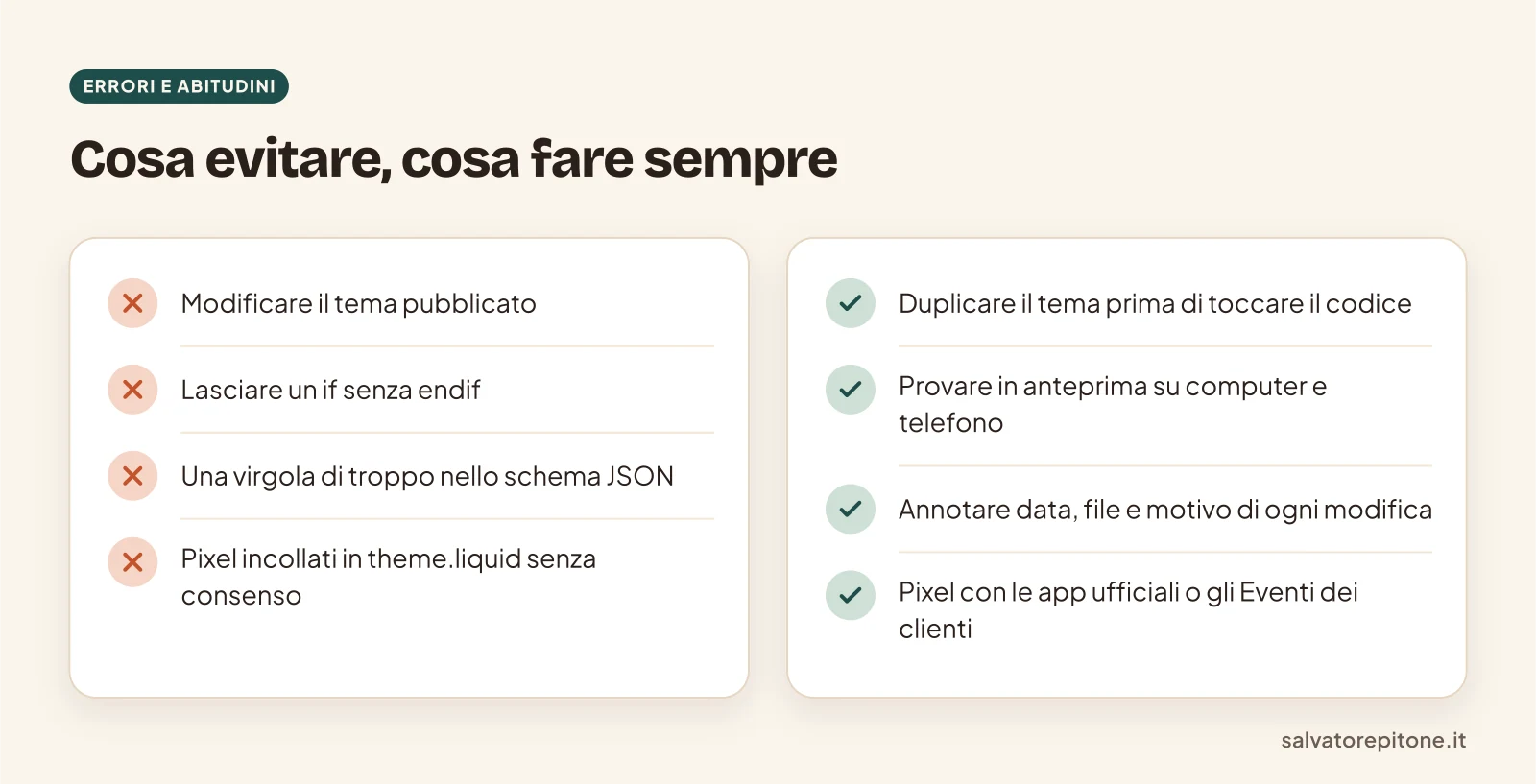 Errori comuni e buone abitudini quando si modifica il codice del tema Shopify, in due colonne