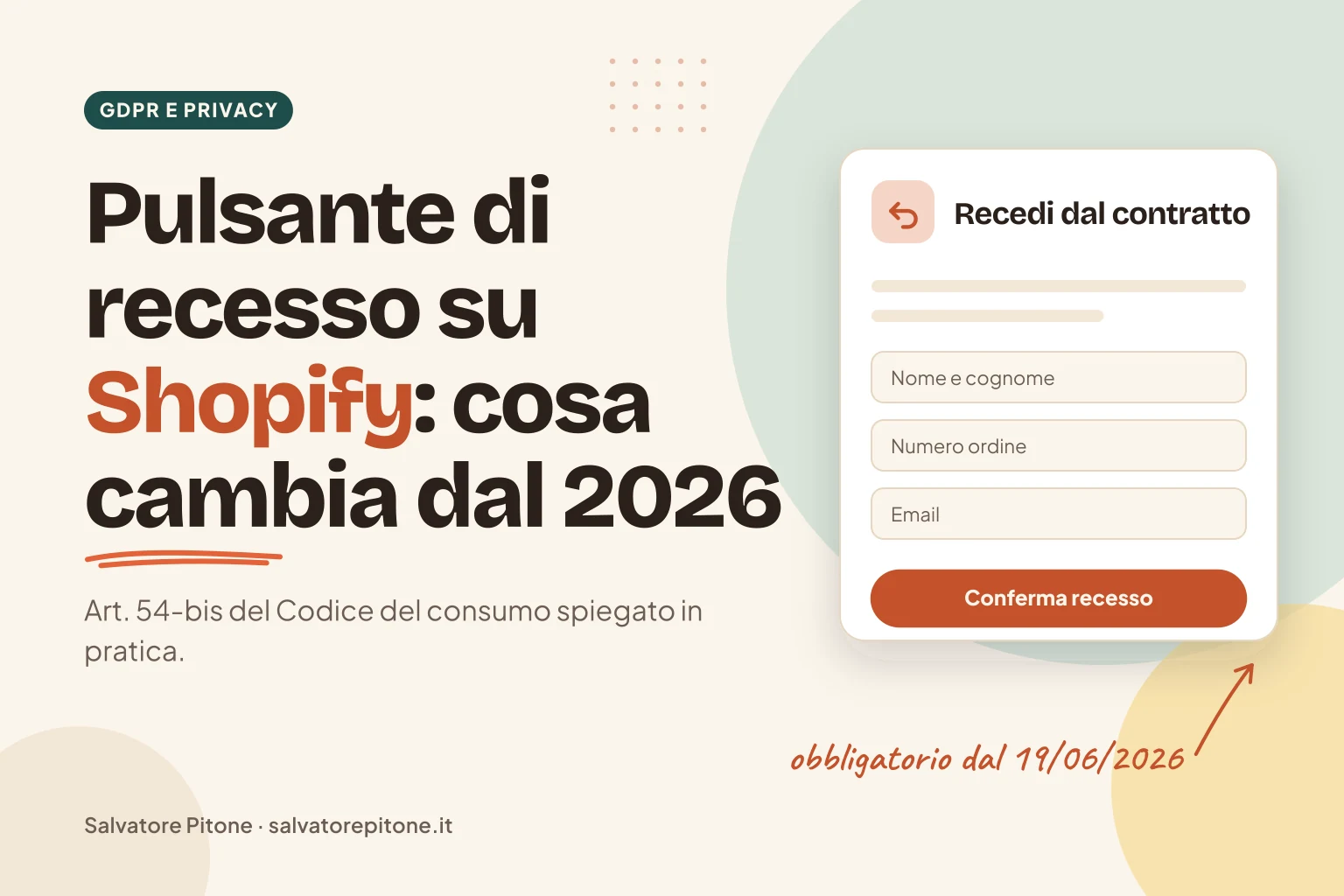 Copertina: pulsante di recesso su Shopify, il modulo Recedi dal contratto disegnato come scheda
