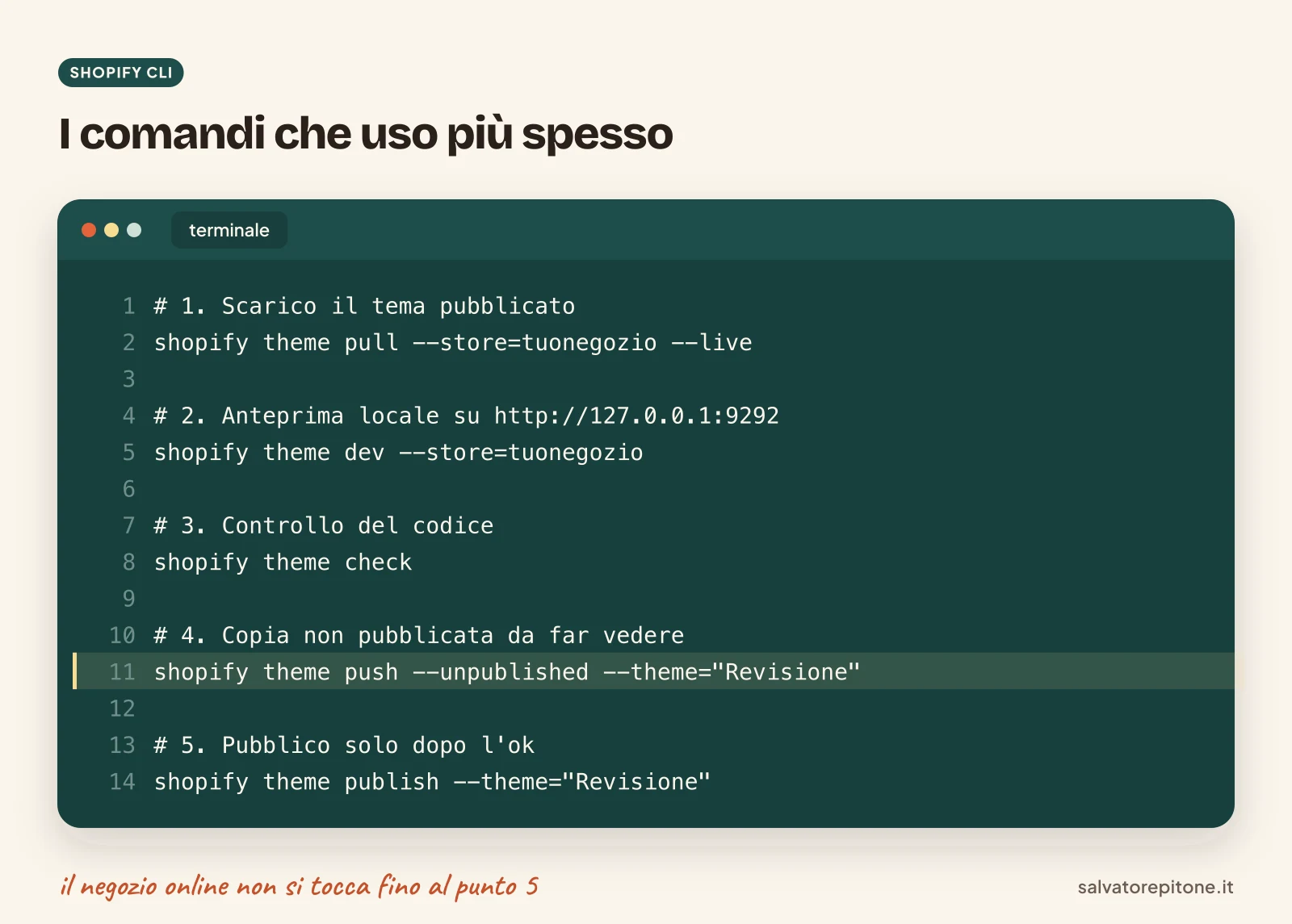 Comandi di Shopify CLI per scaricare, provare, controllare e pubblicare un tema Shopify in sicurezza
