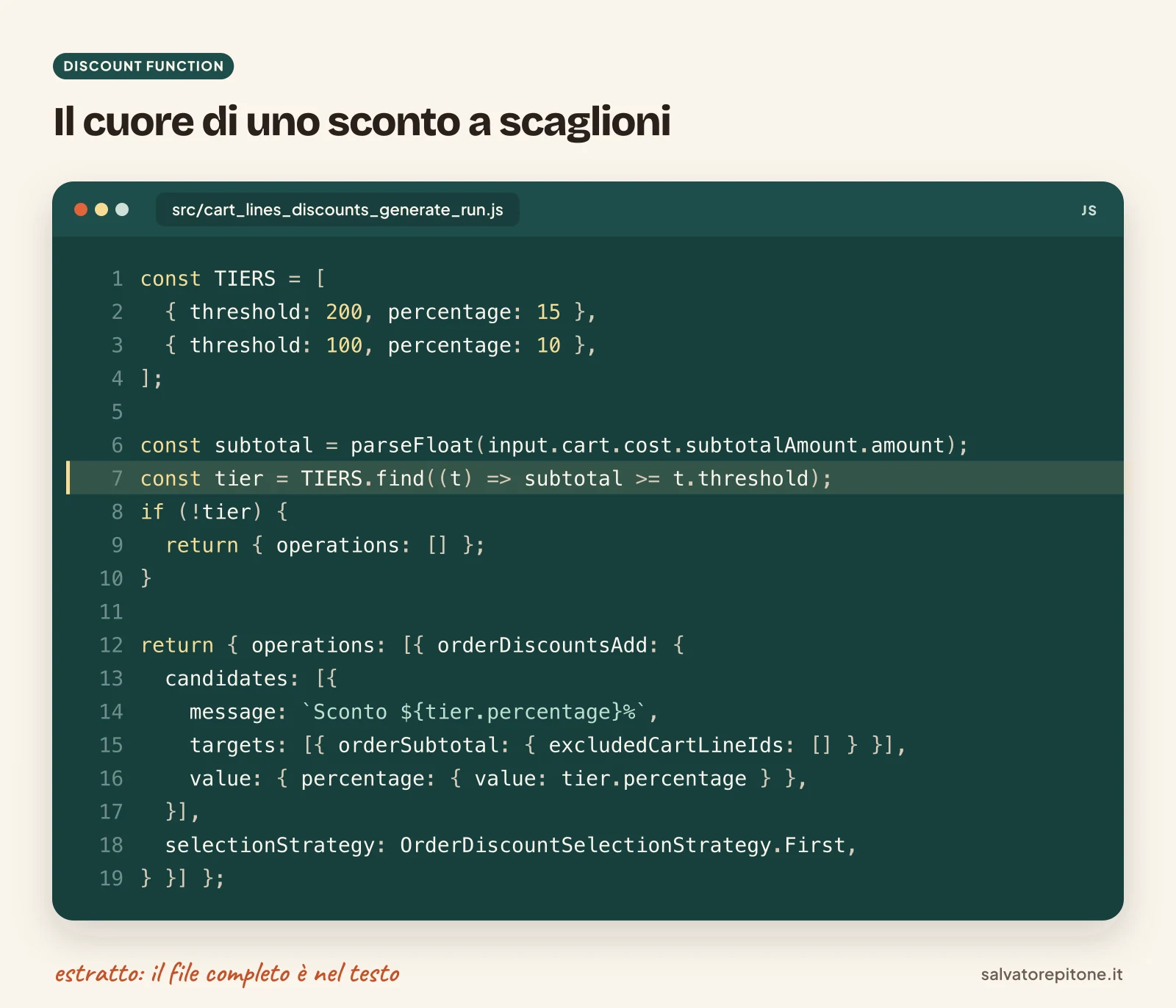 Codice JavaScript di esempio di una Shopify Function per uno sconto a scaglioni sul subtotale del carrello