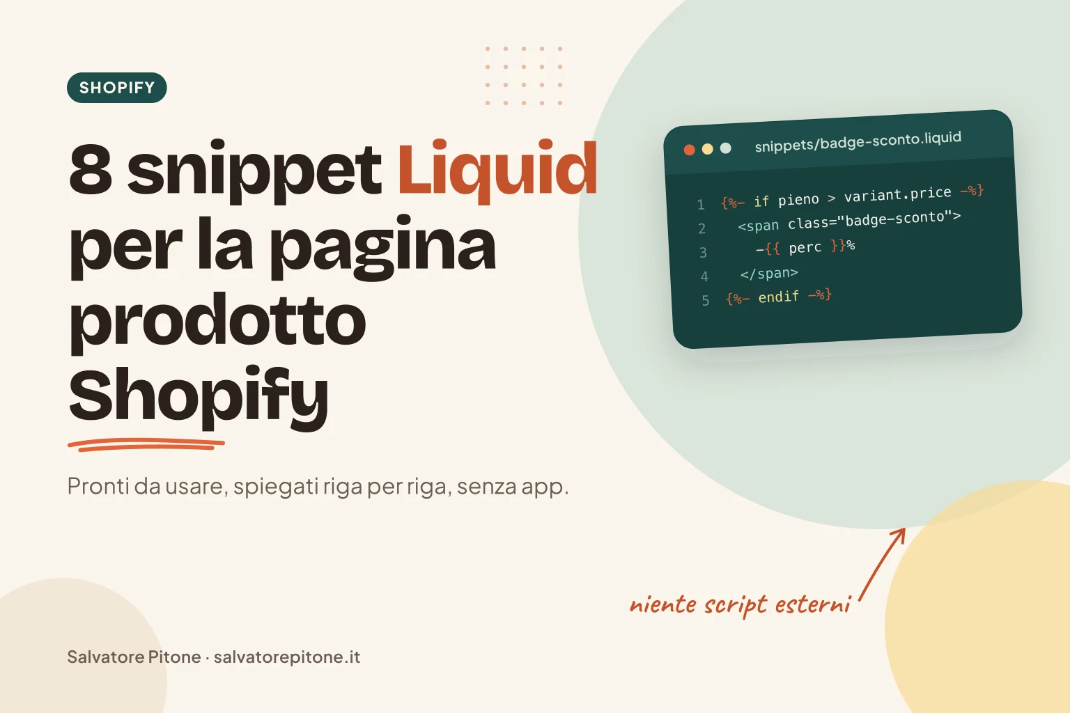 Copertina: 8 snippet Liquid utili per la pagina prodotto Shopify, con il codice del badge di sconto