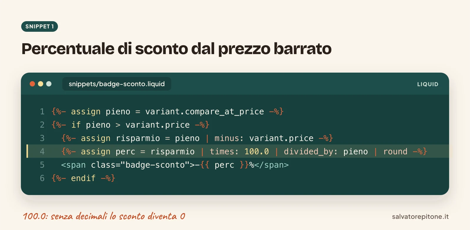 Snippet Liquid che calcola e mostra la percentuale di sconto di un prodotto Shopify dal prezzo di confronto