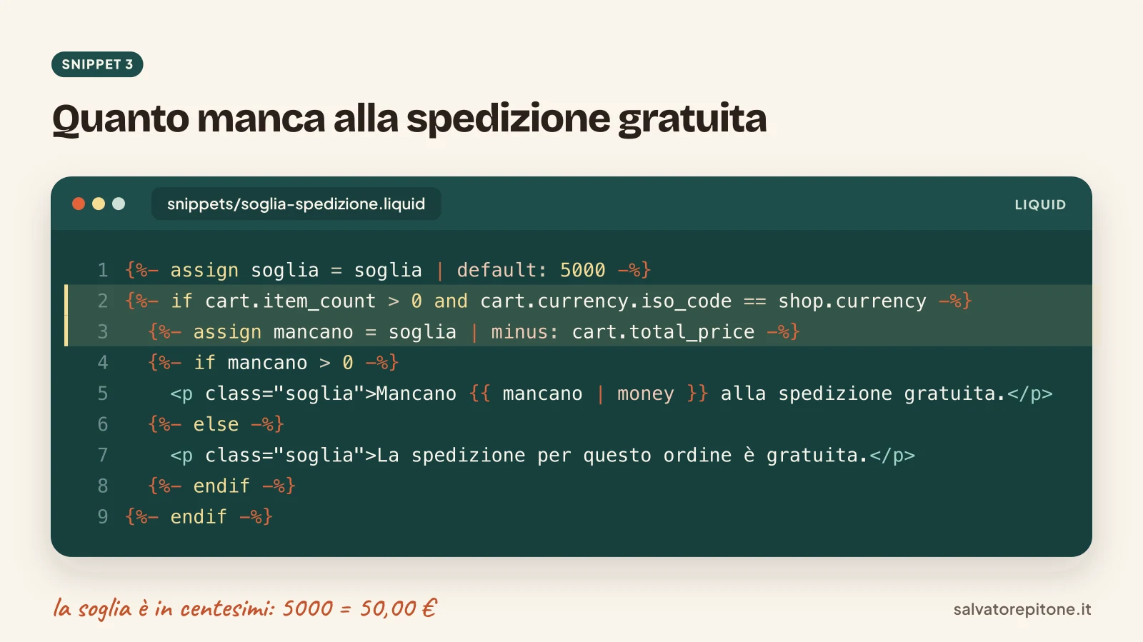 Snippet Liquid che mostra quanto manca alla spedizione gratuita nel carrello Shopify, con controllo della valuta