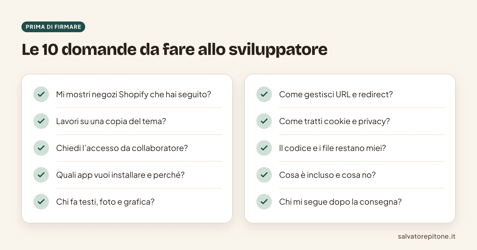 Checklist delle dieci domande da fare a uno sviluppatore Shopify prima di firmare, in due colonne