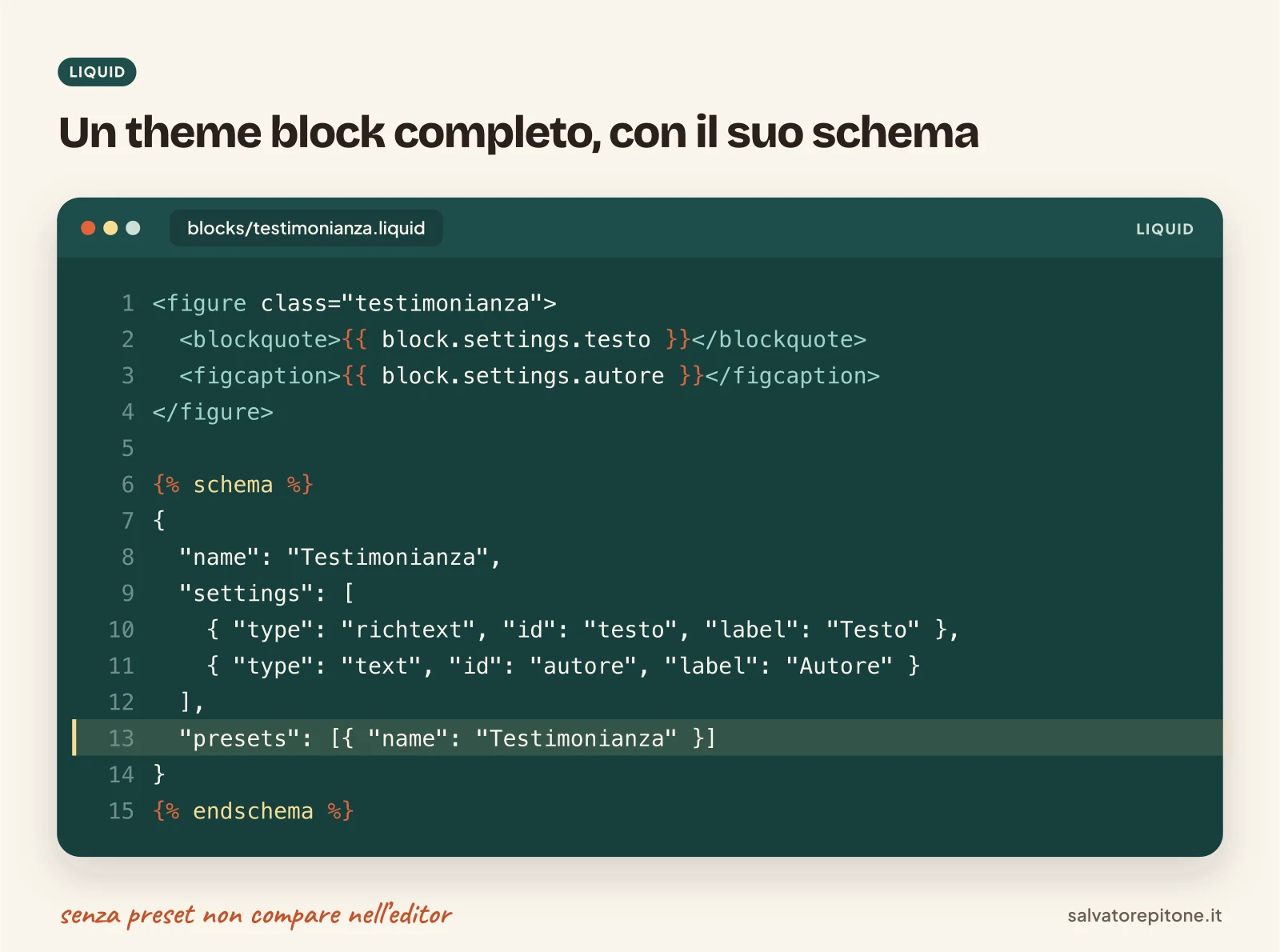 Codice di un theme block Shopify per una testimonianza, con lo schema, le impostazioni e il preset